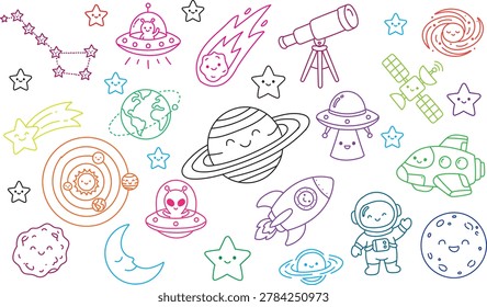 Cute Space Doodle Elements Vector Illustration, Hand Drawn Galaxy and Astronomy Icons Set with Planet, Rocket, UFO, Astronaut, Telescope, Moon and Stars