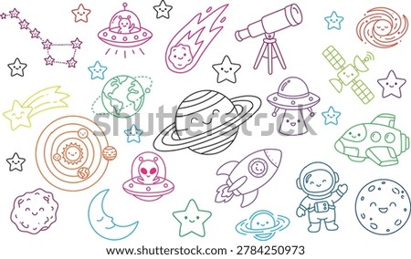 Cute Space Doodle Elements Vector Illustration, Hand Drawn Galaxy and Astronomy Icons Set with Planet, Rocket, UFO, Astronaut, Telescope, Moon and Stars