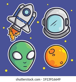 Cute Space Doodle Illustration Set. There Are Rocket, Astronaut Helmet, Alien and Moon. Flat Cartoon Icon Style. 