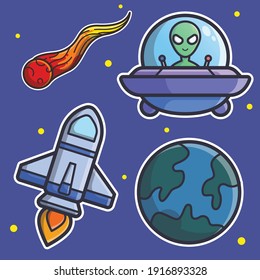 Cute Space Doodle Illustration Set. There Are Comet, Earth, Spaceship and Alien Ufo. Flat Cartoon Icon Style. Suitable for Stickers, Clothes, Merch and more.