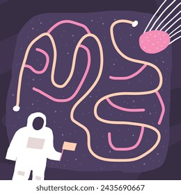 Cute space doodle maze with cosmonaut, comet, meteorite, stars, asteroid, flag . Cosmos, universe puzzle for kids, children. Funny cartoon style labyrinth with adorable characters
