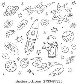 Cute Space Doodles Big Set – Hand Drawn Cartoon Cosmos Collection.

Big collection of cute hand drawn space doodles: planets, stars, rocket, astronaut, sun, galaxies and comets. Fun cartoon outline elements in black and white. Perfect for kids design, nursery decor, stickers, posters, fabrics and educational projects.
