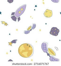 Cute Space Doodles Seamless Pattern with Rockets, Planets and Stars on Light Background in Pastel Style