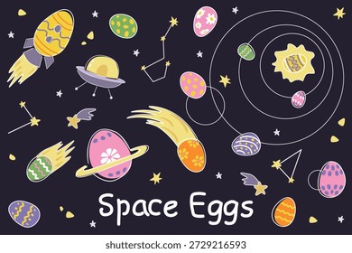 Niedlicher Raum Eier Illustration Set mit Raketen, Planeten, Sternen und Kometen in verspieltem kosmischen Stil für Kinder und Ostern Designs