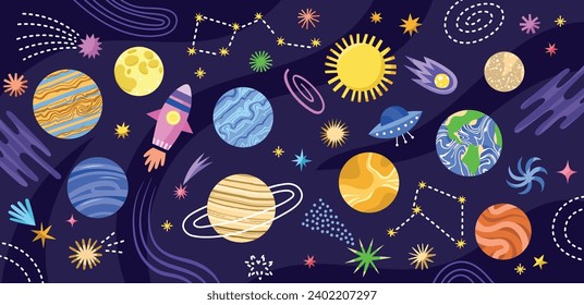 Cute space elements. Cartoon cosmic objects and planets, funny cosmic background, rocket and stars, childish astronomy items, vector set.eps
