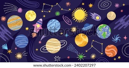 Cute space elements. Cartoon cosmic objects and planets, funny cosmic background, rocket and stars, childish astronomy items, vector set.eps
