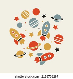 Sammlung von Cute-Space-Elementen. Vintage-Rakete und Planet. Vektorgrafik.