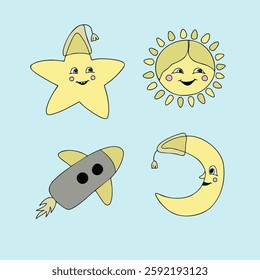 Cute space elements; Moon. star, sun, rocket; Hand-drawn illustartion