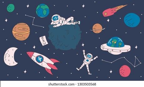 Cute space exploration doodles. Space elements: stars, rockets, astronauts, planets etc. Vector illustration