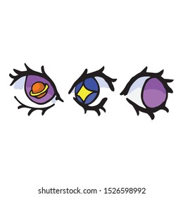 Cute space eye illustration. Planet pupil clipart with eyelashes. 