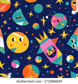 Cute Space Flat Cartoon Seamless Pattern. Galaxy Vector Illustration For Kids Babies. Geometric Texture Planet, Moon, Stars, Saturn Space. Cosmos Science Print Nursery