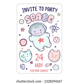 Cute space flyer, invitation, banner, template, with Japanese kawaii cat travels in space and a set of cosmic elements.