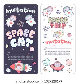 Cute space flyer, invitation, banner, template, with Japanese kawaii cat travels in space and a set of cosmic elements.