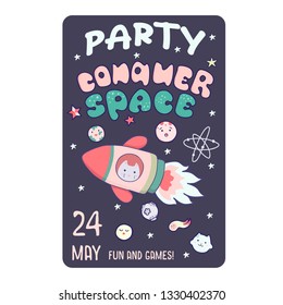 Cute space flyer, invitation, banner, template, with Japanese kawaii cat travels in space and a set of cosmic elements.
