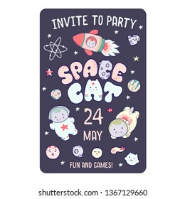 Cute space flyer, invitation, banner, template, with Japanese kawaii cat travels in space and a set of cosmic elements.