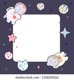 Cute space frame, with Japanese kawaii cat travels in space and a set of cosmic elements..