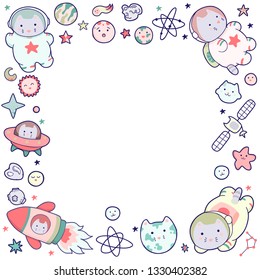 Cute space frame, with Japanese kawaii cat travels in space and a set of cosmic elements.