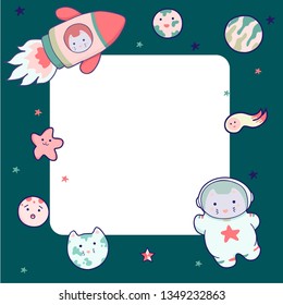 Cute space frame, with Japanese kawaii cat travels in space and a set of cosmic elements..