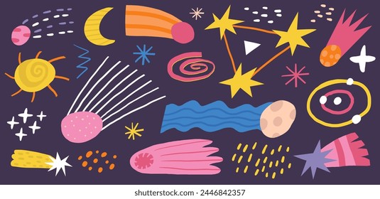 Cute space  funny hand drawn doodle comet, meteorite, asteroid, bolide set. Cosmic, universe, night sky stars, milky way, constellation. Cartoon style universe inside you background 