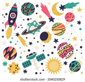 Cute Space Galaxy Elements. Doodle Spaceship, Planets, Comet And Stars Cartoon Vector Illustration Set. Hand Drawn Space Objects