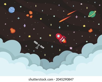 Cute space, galaxy, flat design cartoon on dark brown background with space craft, stars, satellite, meteor and planets. Doodle vector by hand drawing.