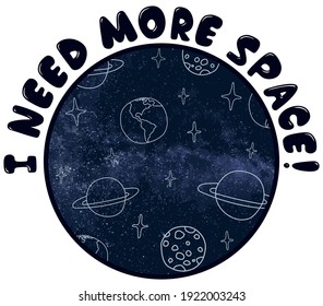 Cute space galaxy with planets and stars illustration slogan print for kids girl and boy tee t shirt or sticker