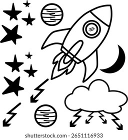 Nette Raum-Icons in Schwarz und Weiß - Rakete, Sterne, Planeten, Wolken und Blitz - Line Art für Kinder