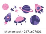 Cute Space Illustration with Planets, Rockets, Stars and UFO in Flat Style