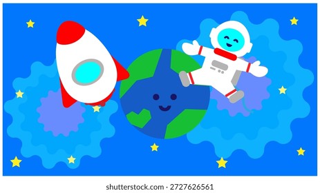 Una linda ilustración espacial de un cohete y un astronauta volando alrededor de la Tierra.