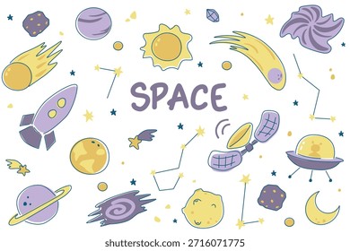 Cute Space Illustration Set with Planets, Rockets and Stars in Pastel Cartoon Vector Style