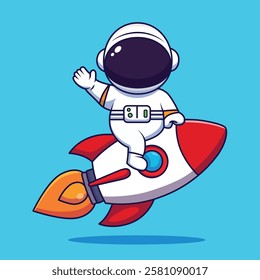 Cute Space Kid Astronaut Riding Rocket - Vector Illustration