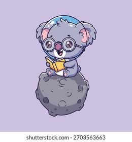 Niedlicher Raum Koala Vektorgrafik Lesebuch auf Mond mit Brille und Helm auf violettem Hintergrund