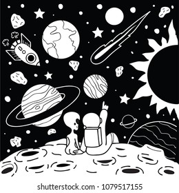 Cute space man have a romantic time with alien girl for printed tee and other design element. Vector illustration