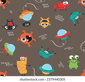 monótono del espacio lindo alien y ufo ilustración para camisetas de niños