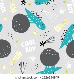 Cute space monster seamless pattern. Cosmos cute illustration. Seamless pattern with cartoon space adventure, planets and stars. Grey background.