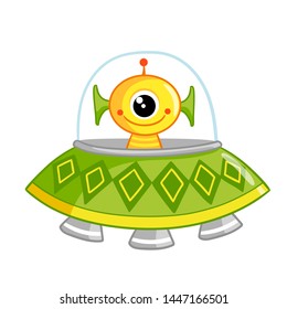 Cute space monster sitting in a flying saucer. The newcomer on a white background in a spaceship. Vector illustration on the space theme in cartoon style.