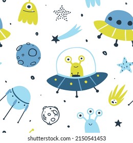 Cute space pattern with aliens on the ufo. Funny seamless cosmic print for baby textile and nursery fabric.