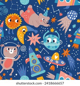 Cute space pattern with animals astronauts. Seamless blue vector cosmic print with bears and rockets for baby boys