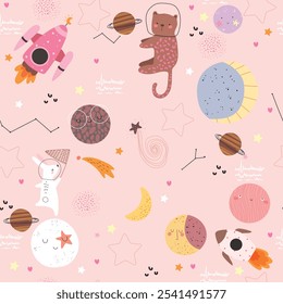 Cute space pattern with animals, planets, space sheap. stars and comets.Kids seamless pattern.