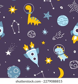 Cute space pattern with dino astronauts. Seamless vector cosmic print with dinosaurs for baby boys.