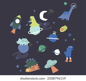 Cute space pattern with dino astronauts. Seamless white vector cosmic print with dinosaurs for baby boys.