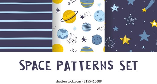 Cute Space Patterns Collection For Kids Textile. Kawaii Vector Seamless Astronomy Prints Set For Baby Fabric.