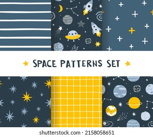 Cute space patterns set. Collection of scandinavian cosmic prints for baby apparel and textile.