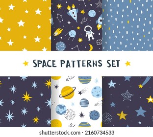 Cute space patterns set. Collection of scandinavian cosmic prints for baby apparel and fabric.