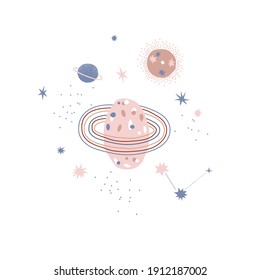 Cute space planet vector illustration isolated on white background. Celestial bodies star constellation graphics for kid. Cosmic baby design 