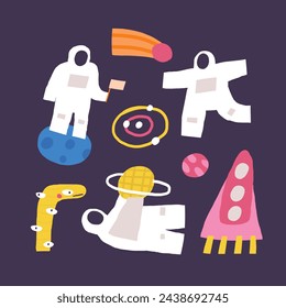 Cute space postcard with funny hand drawn doodle rocket, astronaut, alien, comet, ufo. Cosmic, universe, night sky cover, template, banner, poster, print. Cartoon style background, t shirt print