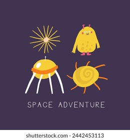Nette Raum-Postkarte mit lustigem handgezeichnetem Doodle . In: Space Adventure Card. Kosmisch, Universum, Nacht Himmelsbedeckung, Vorlage, Banner, Poster, Druck. Cartoon-Stil Hintergrund für Kinder
