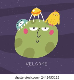 Cute space postcard with funny hand drawn doodle . Welcome card. Cosmic, universe, night sky cover, template, banner, poster, print. Cartoon style background for kids