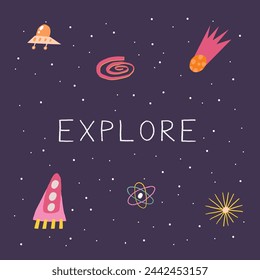 Cute space postcard with funny hand drawn doodle ufo, spaceship, galaxy, rocket, comet, star. Explore card. Cosmic, universe, night sky cover, template, banner, poster, print Cartoon style background 
