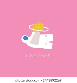 Cute space postcard with funny hand drawn doodle cosmonaut, astronaut, planet, spaceman. Love space card. Cosmic, universe, night sky cover, template, banner, poster, print. Cartoon style background